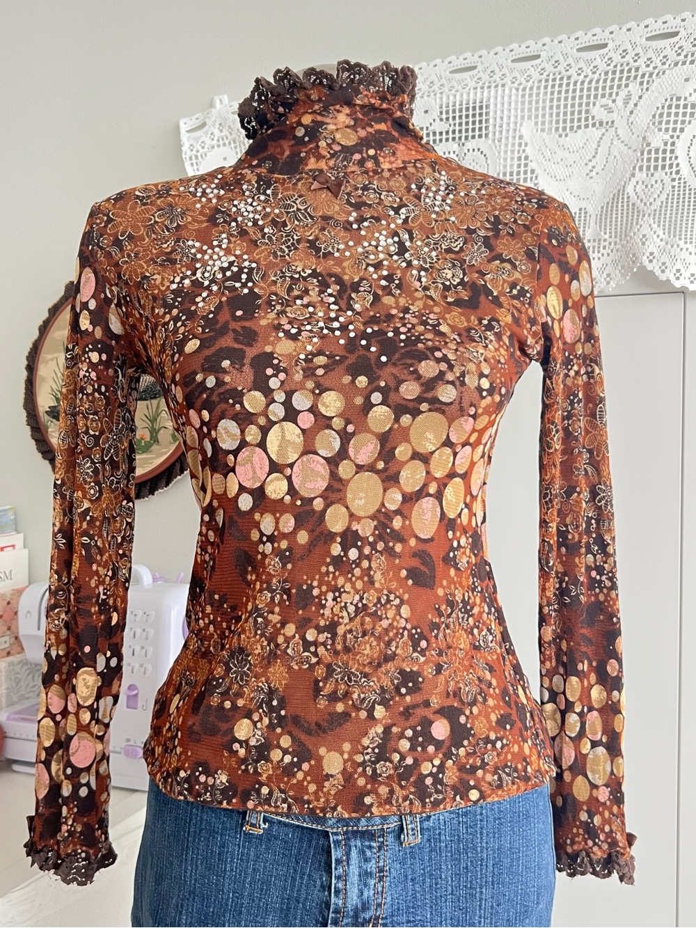 Boho whimsygoth Brown floral mesh blouse with ruffled collar